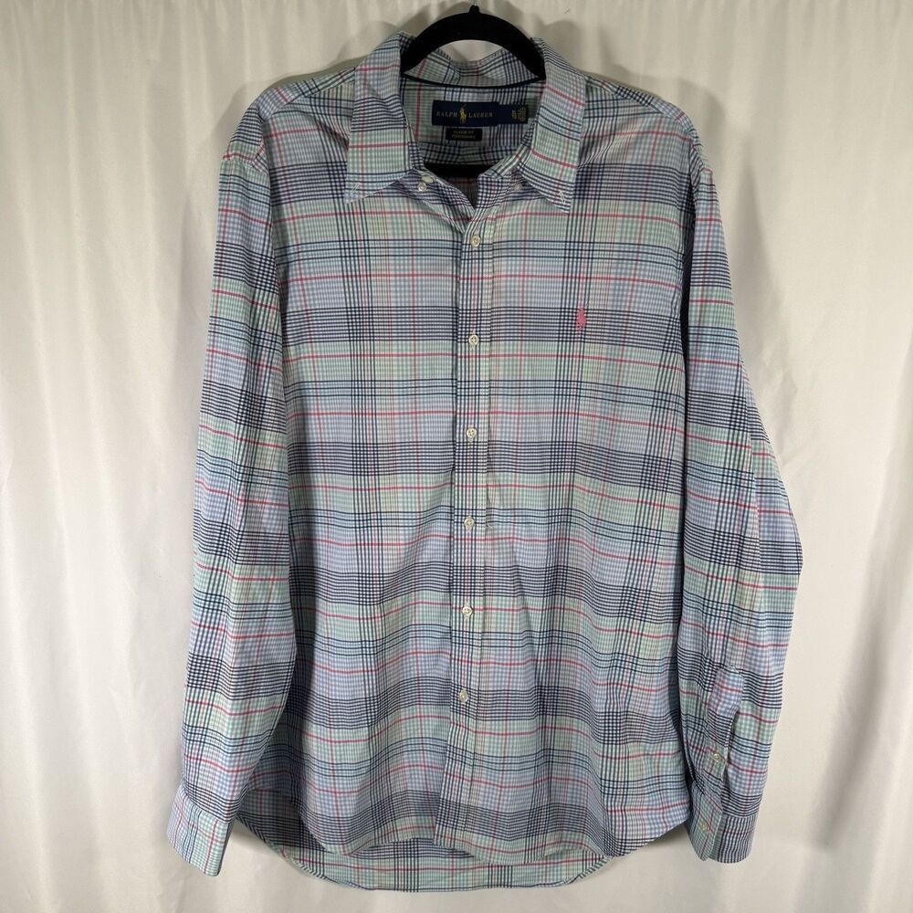 Ralph Lauren Dress Shirt Men's XL Blue Pink Plaid Button Up Long Sleeve Classic